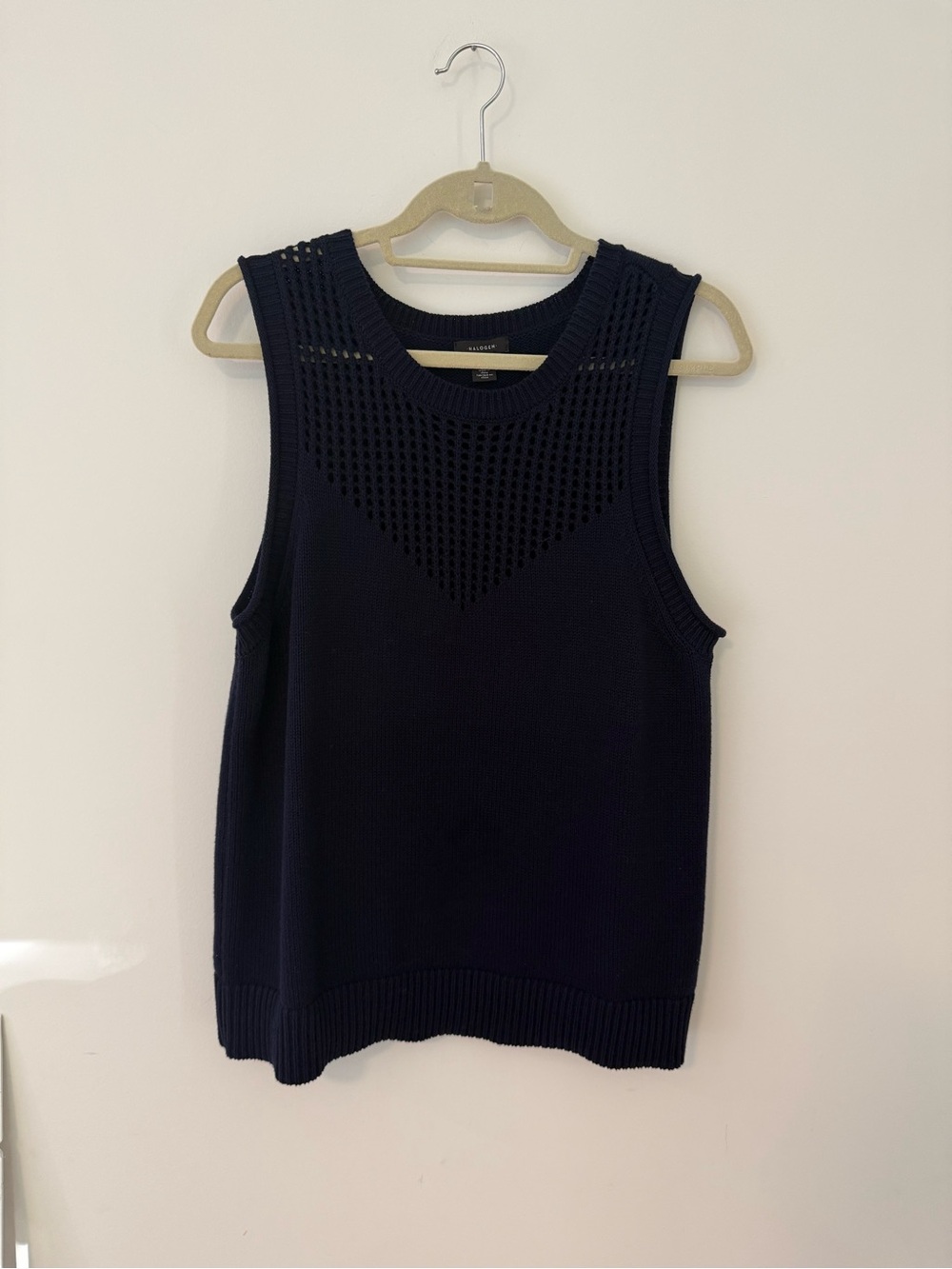 Halogen Sleeveless Crochet Tank Open Stitch Cotton Sweater Navy Top | Size Large